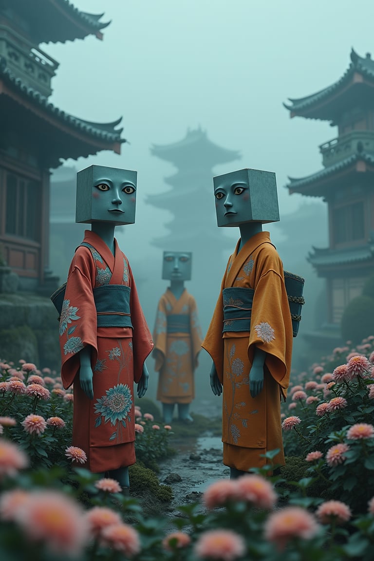 Creatures with pale bluish skin and faces resembling ancient square or cube-shaped figures stand in a distorted version of the Peach Blossom Spring. Their bodies are square or cube-shaped, creating a bizarre and unsettling appearance. They are dressed in vibrant, traditional Kimono clothing, which contrasts eerily with their unusual forms. This twisted utopian paradise is enveloped in thick fog and darkness, surrounded by bizarrely shaped buildings and delicate yet dark flowers. The dense fog, dimly lit environment.