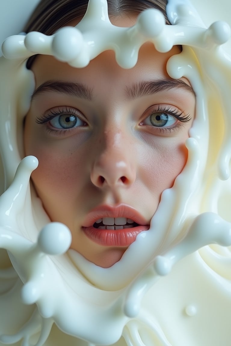 woman's face in swirling milk, in the style of close-up intensity, dreamlike portraiture, intricate detail, technological design, splashes.