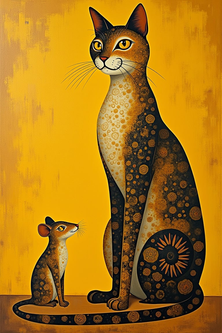 a giant cat and a small mouse in the style of Gustav Klimt, yellow and gold colors.