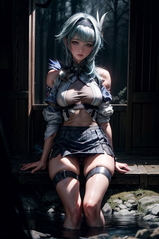 1girl, (RAW photo, best quality), (realistic, photo-realistic:1.30),((full body)), (volumetric:1.2), film grain, Sitting, sitting_down, opening legs, wet clothes, wet body ,skirt_lift, no_humans, blue_hair,eula (genshin impact), hairband,hairband