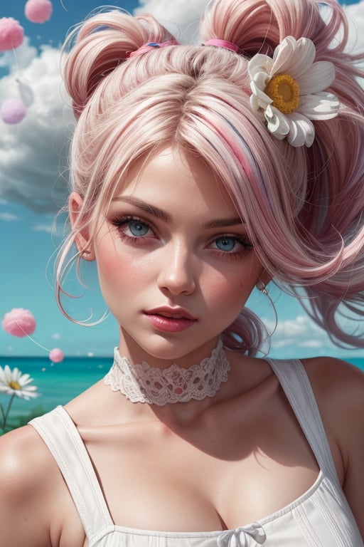 Powerpuff Girls Inspired Character; hyperbolic, Cute, Beautiful, Highly Surreal beautiful woman, vibrant pink streaks in bright white flowers striking a painting by Antonio João Gregorio Luca Gonzalez-Lopez digital photograph of female trending on WikiCommittee Photorealistic Abstract Woman centered image, cute romper, clouds, cotton candy,jolynejojo