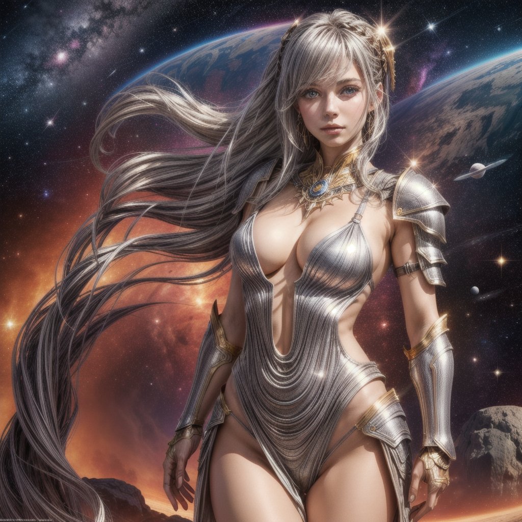 european 1girl,solo,20yo,beautiful face,silver hair, long hair,(braid :0.4),gold,silver and bronze light armor fitted to the body,fantasy, space background