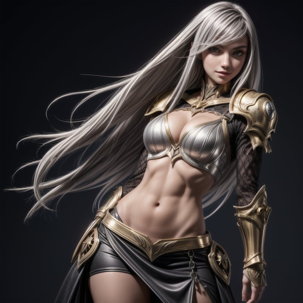 european 1girl,solo,20yo,beautiful face,silver hair, long hair,(braid :0.4),gold armored top, visible navel, with gothic silver skirt,fantasy,