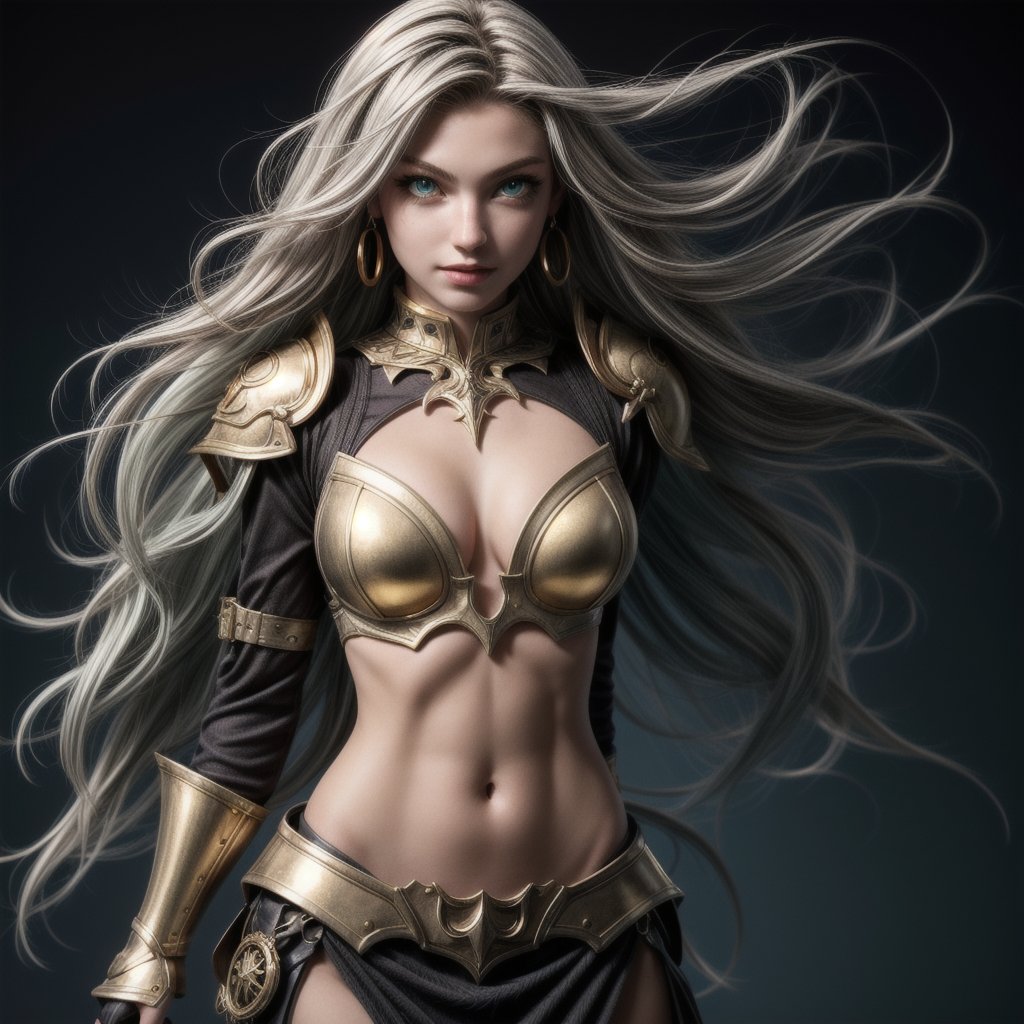 caucasian 1girl,solo,18yo,beautiful face, light green eyes, silver hair, long hair,(braid :0.1),gold armored top, visible navel, with gothic golden skirt,fantasy,