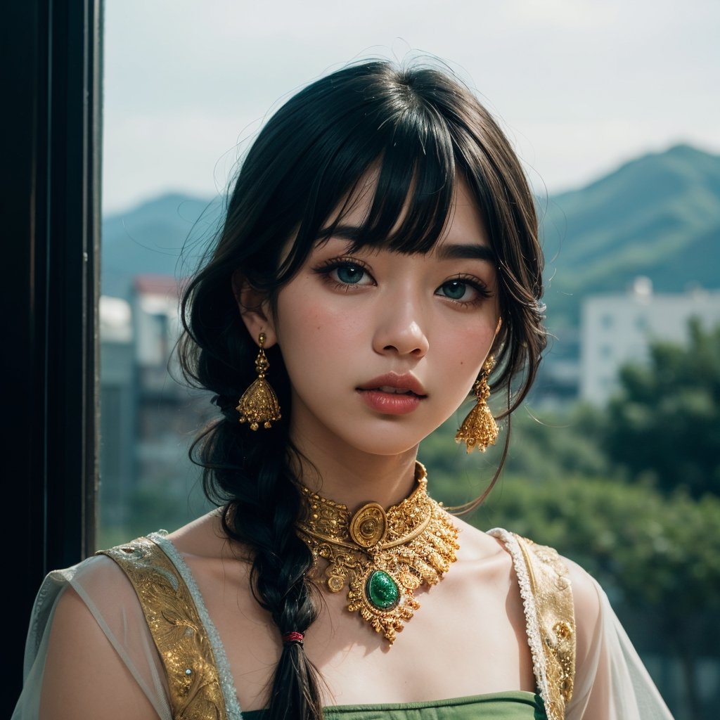 Protrait, photograph, androgynous hunnuman, oval jaw, delicate features, beautiful face, dreadlocked hair, long bangs, long ponytail, bright blue-green eyes, hindu art, Korean,monochrome