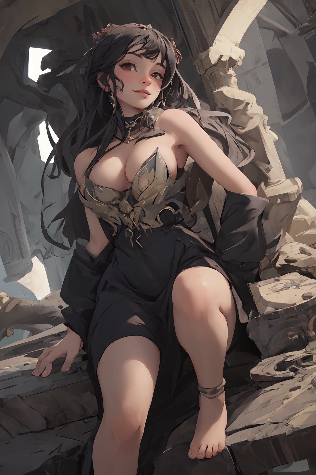 real,princess, crown, atmospheric scene,  masterpiece,  best quality,  (detailed face,  detail skin texture,  ultra-detailed body),  (cinematic light:1.1),    ,  r0seb7rne-smf,  solo,  realistic,  long hair,  lips,  red eyes,  looking at viewer,  black hair,  upper boddy, naked, nudity, barefoot, in Public, castle background, smile,  long black dress,  big breasts, 
