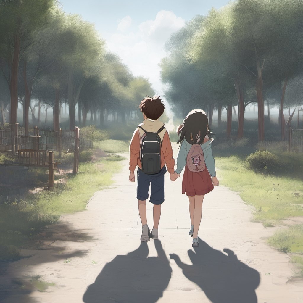 1girl and 1 boy are walking side by side, holding each other