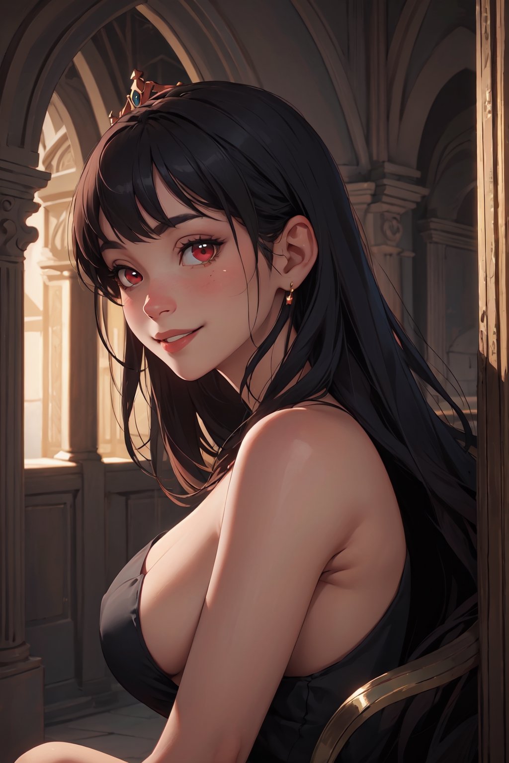 real,princess, crown, atmospheric scene,  masterpiece,  best quality,  (detailed face,  detail skin texture,  ultra-detailed body),  (cinematic light:1.1),    ,  r0seb7rne-smf,  solo,  realistic,  long hair,  lips,  red eyes,  looking at viewer,  black hair,  upper boddy, naked, nudity, barefoot, in Public, castle background, smile,  long black dress,  big breasts, 