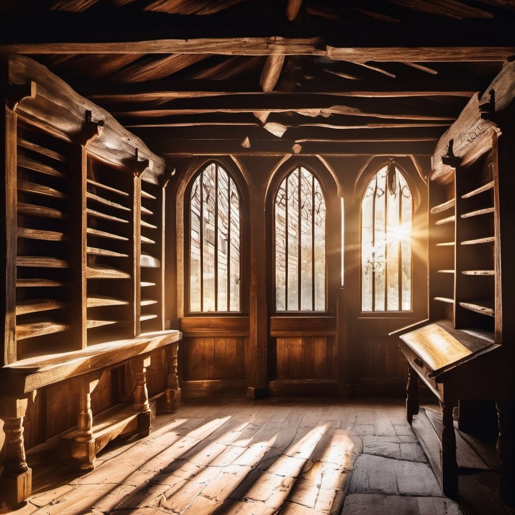 a beautiful medieval wooden store front during the day with sun rays shining through the window,  