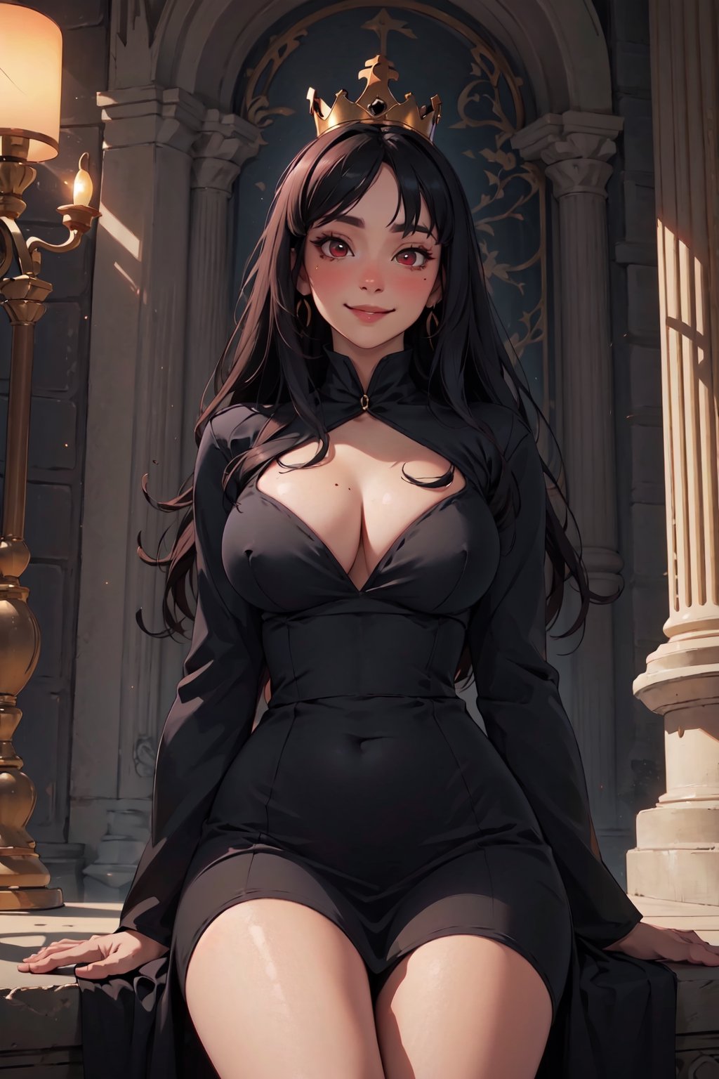 real,princess, crown, atmospheric scene,  masterpiece,  best quality,  (detailed face,  detail skin texture,  ultra-detailed body),  (cinematic light:1.1),    ,  r0seb7rne-smf,  solo,  realistic,  long hair,  lips,  red eyes,  looking at viewer,  black hair,  upper boddy, naked, nudity, barefoot, in Public, castle background, smile,  long black dress,  big breasts, 