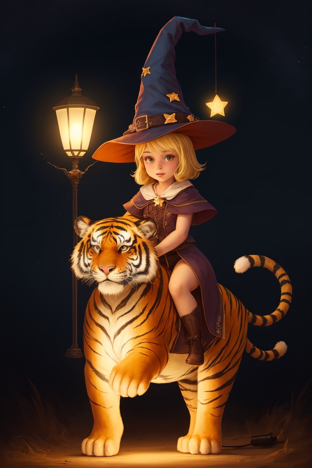 A blonde were witch cap riding on tiger holding a lamp in Night background with sparking star.