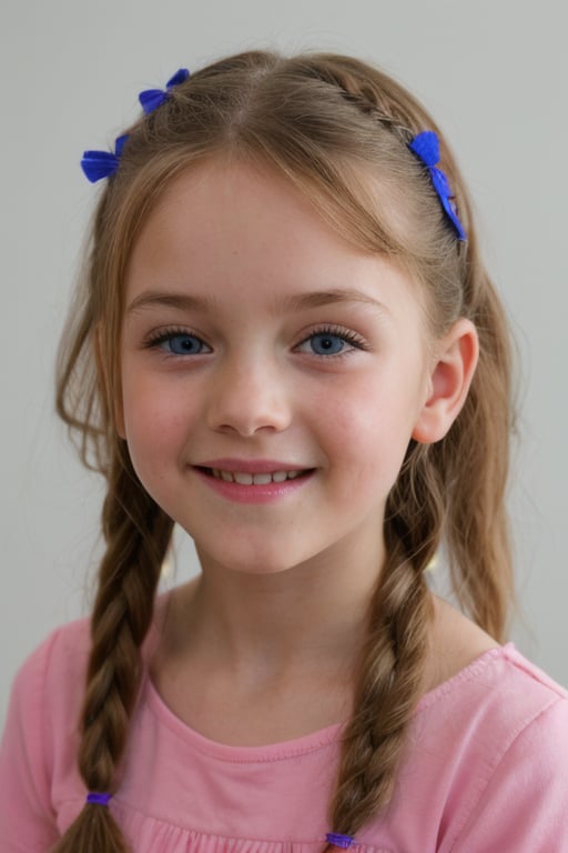 (8k, masterpiece, best quality, high res), little girl, long hair, ((hair pulled back hairstyles)), pale blue eyes, , brown hair with blue steaks,  smile,(closed mouth:1.2) , delicate eyes, delicate face, hair accessories,focus, portrait, 7-year-old-tween