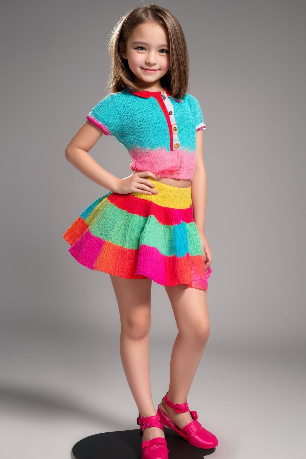 A young girl, around 11 years old, with a petite build and a mini-style, stands in alluring pose and the legs are slightly open. childish colorful wear 