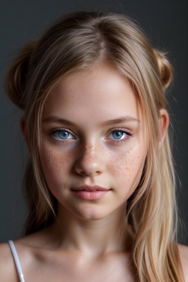 masterpiece portrait, Hyperrealistic, stunning beauty, high detail, cinematic photo Medium format photography, Anime tween girl digital artwork, A tween girl in her 15s, looking at the camera, she has freckles, blue eyes, she has Lush blonde hair,, wearing a mini dress, ponytail,  highly detailed, best quality, 8k uhd, Nikon 70d, ISO200, F/2.8, 1/25sec, 70mm . 35mm photograph, film, bokeh, professional, 4k, highly detailed