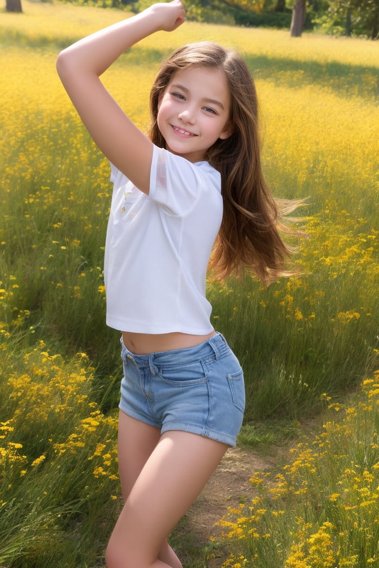 A preteen dream, a tween girl with an alluring charm, posing in a sunny meadow, her petite frame and sweet smile drawing the viewer's gaze. Her well-formed body is highlighted by a gentle breeze rustling her hair as she gazes off into the distance, exuding innocence and curiosity.