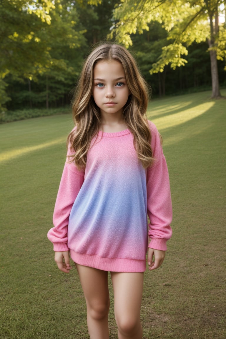 Full-body view of a beautiful-eyed, tween girl with a well-formed hot body, 100 times prettier tween girl. Hot childish outdoor unique one-of-a-kind style Fashion wear. Simple background, plenty of skin on show, sexy pose. SFW.