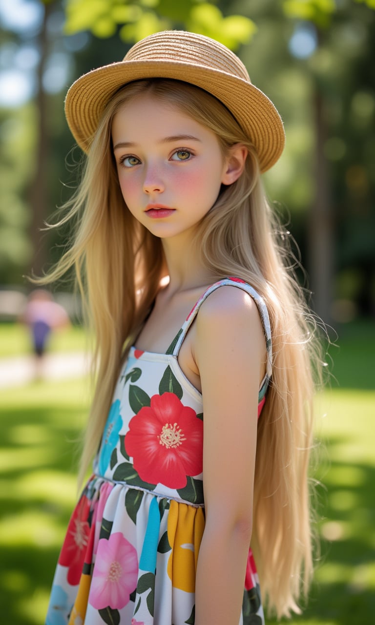 Portrait of a Pretty young girl (Half body), 11 years old, slim, cute face, tween, thin, long blond_hair, wearing cute little colorful dress, shy smile, closed eyes, chin up, head up, style hat, some freckles on the face, side view, from below, sunny day, at the park, deep background, Extremely Realistic, scenery