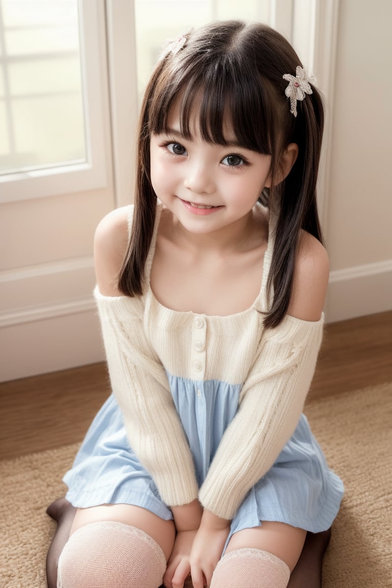 A masterpiece of innocence and charm: a cute loli girl sits proudly in a low-angle shot, her smile beaming as she showcases her short dress and matching stockings. The camera captures the intimacy of her pose, framing her from directly above to accentuate her youthful beauty. A hint of underwear peeks through the dress, adding to the allure. Her kawaii expression radiates warmth and friendliness.