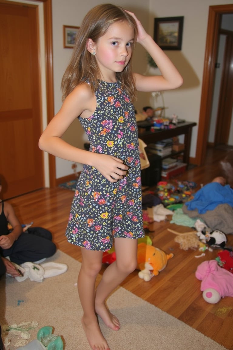 A quiet Afternoon at home. The 8-year-old tween Girl is surprised by Spontaneous Shot in her natural habitat. the camera captures a carefree moment. playfulness. surrounded by scattered plush toys and clothing scattered across the floor. She wears a very colourful and sexy dress and has natural eyes. Childlike charm.