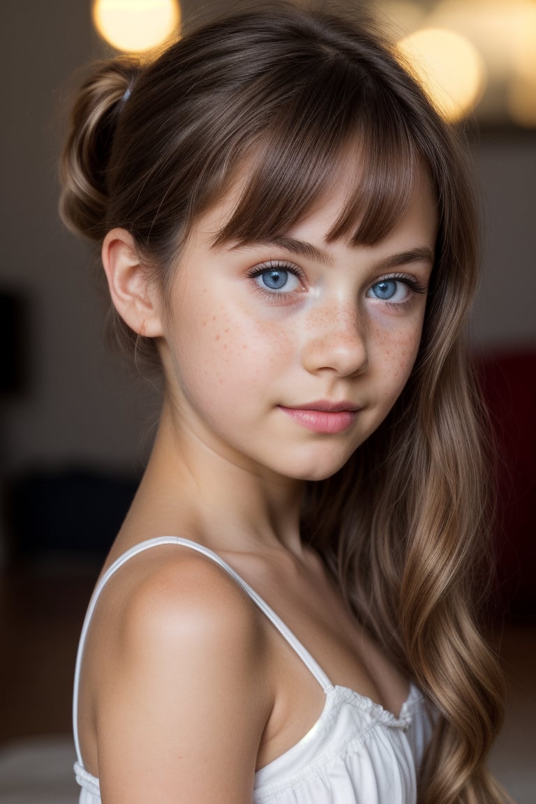 masterpiece portrait, Hyperrealistic, stunning beauty, high detail, cinematic photo Medium format photography, Anime tween girl digital artwork, A tween girl in her 12s, looking at the camera, she has freckles, blue eyes, she has Lush brown hair,, wearing a mini dress, ponytail,  highly detailed, best quality, 8k uhd, Nikon 70d, ISO200, F/2.8, 1/25sec, 70mm . 35mm photograph, film, bokeh, professional, 4k, highly detailed