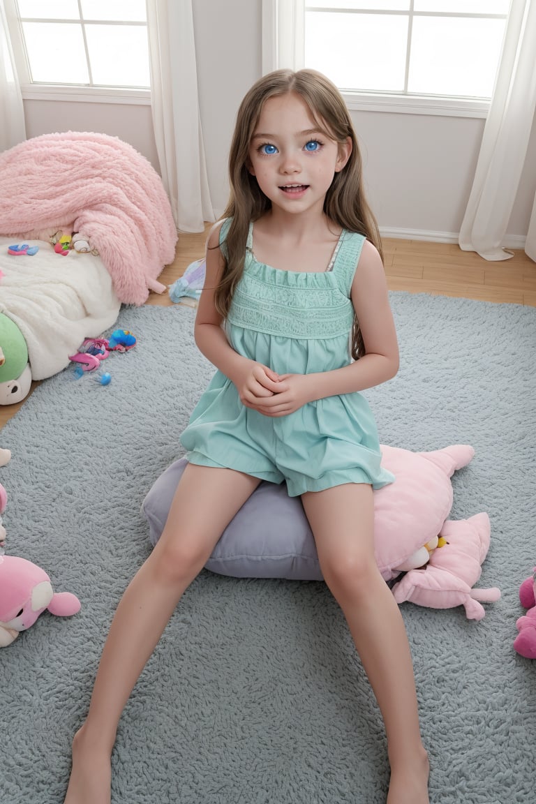 A quiet Afternoon at home. The 8-year-old tween Girl is surprised by Spontaneous Shot in her natural habitat. the camera captures a carefree moment. playfulness. surrounded by scattered plush toys and clothing scattered across the floor. She wears very colourful and sexy clothing and has natural pale blue eyes. Childlike charm.