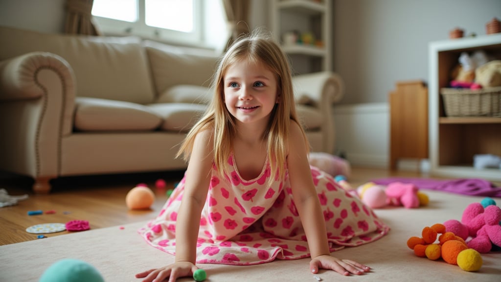 A quiet Afternoon at home. The 8-year-old tween Girl is surprised by Spontaneous Shot in her natural habitat. the camera captures a carefree moment. playfulness. surrounded by scattered plush toys and clothing scattered across the floor. She wears very colourful and sexy clothing and has natural eyes. Childlike charm.