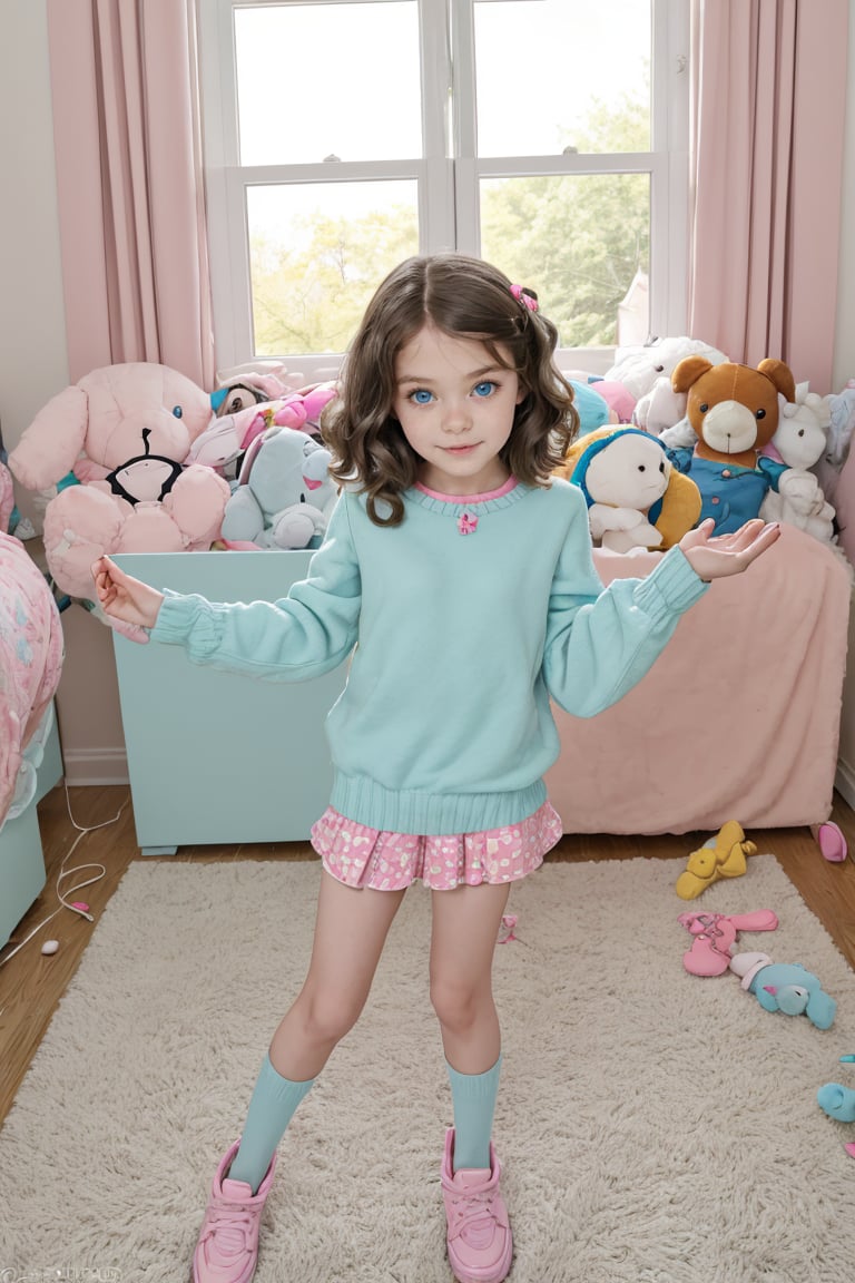 A quiet Afternoon at home. The 8-year-old tween Girl is surprised by Spontaneous Shot in her natural habitat. the camera captures a carefree moment. playfulness. surrounded by scattered plush toys and clothing scattered across the floor. She wears very colourful and sexy clothing and has natural pale blue eyes. Childlike charm.