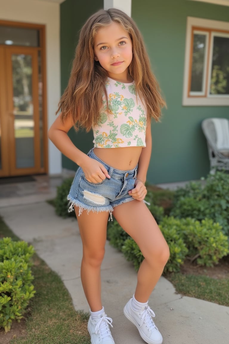 Full-body view of a beautiful-eyed, tween girl with a well-formed hot body, 100 times prettier tween girl. Hot childish outdoor unique one-of-a-kind style Fashion wear. Simple background, plenty of skin on show, sexy pose. SFW.