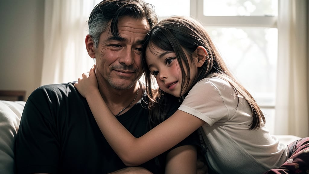 In a tasteful and dignified manner, describe the heartwarming scene of a 50-year-old man tenderly embracing two young girls. His gentle touch conveys a sense of care and protection as one hand rests on the leg of a 10-year-old girl while the other arm encircles the shoulders of an 8-year-old girl. The atmosphere exudes a loving embrace, emphasizing the bond of trust and affection between the man and the two children.