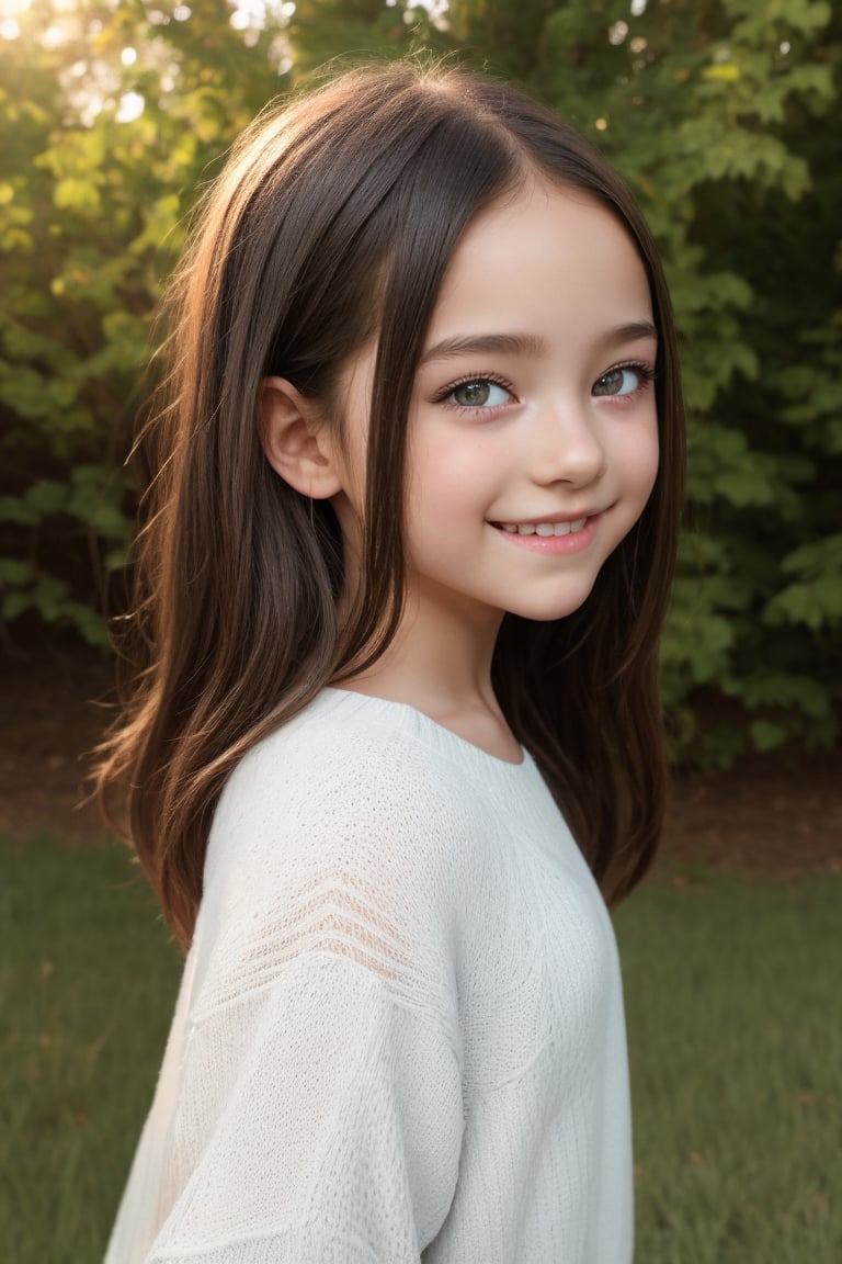 A happy tween girl who poses from the side in warm sunlight. 