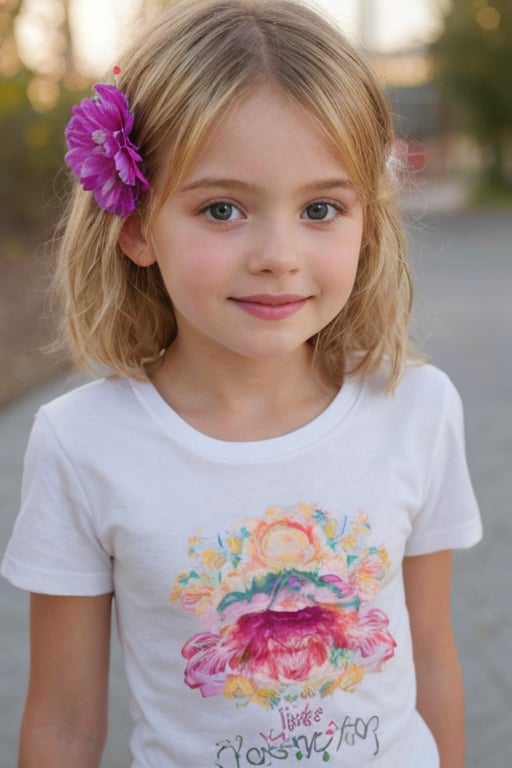 realistic, 5yo, woman,face, flowers in hair, t shirt, 1girl,blonde hair,cute,beautiful face,
