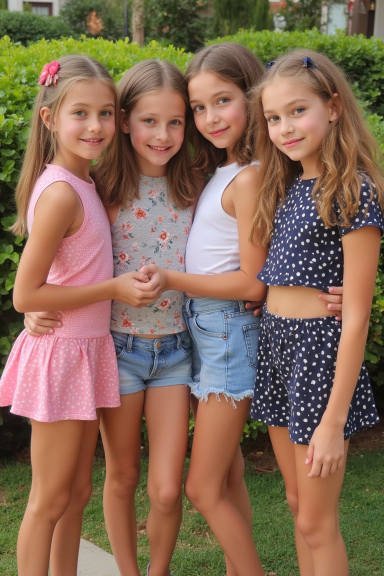 Full-body view of four beautiful-eyed, tween girls with a well-formed hot body who are friends, 100 times prettier tween girls. Hot childish outdoor unique one-of-a-kind style Fashion wear. Vibrant background, plenty of skin on show, They are huddled together while they show their love for one another, while looking sexy.for the camera. They have hands held or arms around each other, They showcase their love for each of their friends. Each of the girls looks completely different to one another. Slavic girls, Bruitish girls, Australian girls, American Girls.