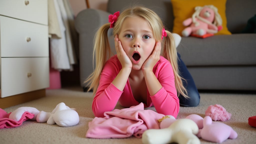 A quiet Afternoon at home. The 8-year-old tween Girl is surprised by Spontaneous Shot in her natural habitat. the camera captures a carefree moment. playfulness. surrounded by scattered plush toys and clothing scattered across the floor. She wears very colourful and sexy clothing and has natural eyes. Childlike charm.