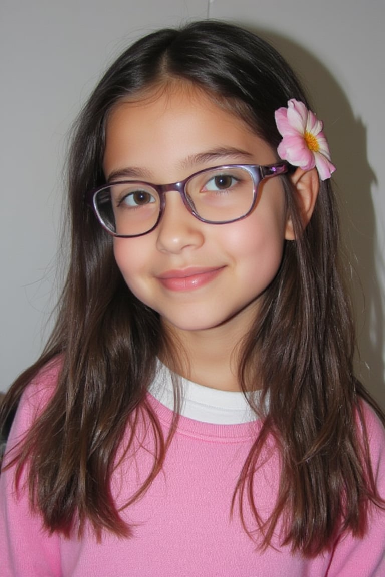 looking at viewer, long hair, umber eyes, simple background, shirt, 1littlegirl, hair between eyes, closed mouth, pink sweater, black hair, female focus, brown eyes, smile, 7year old,glasses,,, green eyes,, nature, small nose, big eyes, sweet smile, flowers in hair, as real as possible, flower in the ear