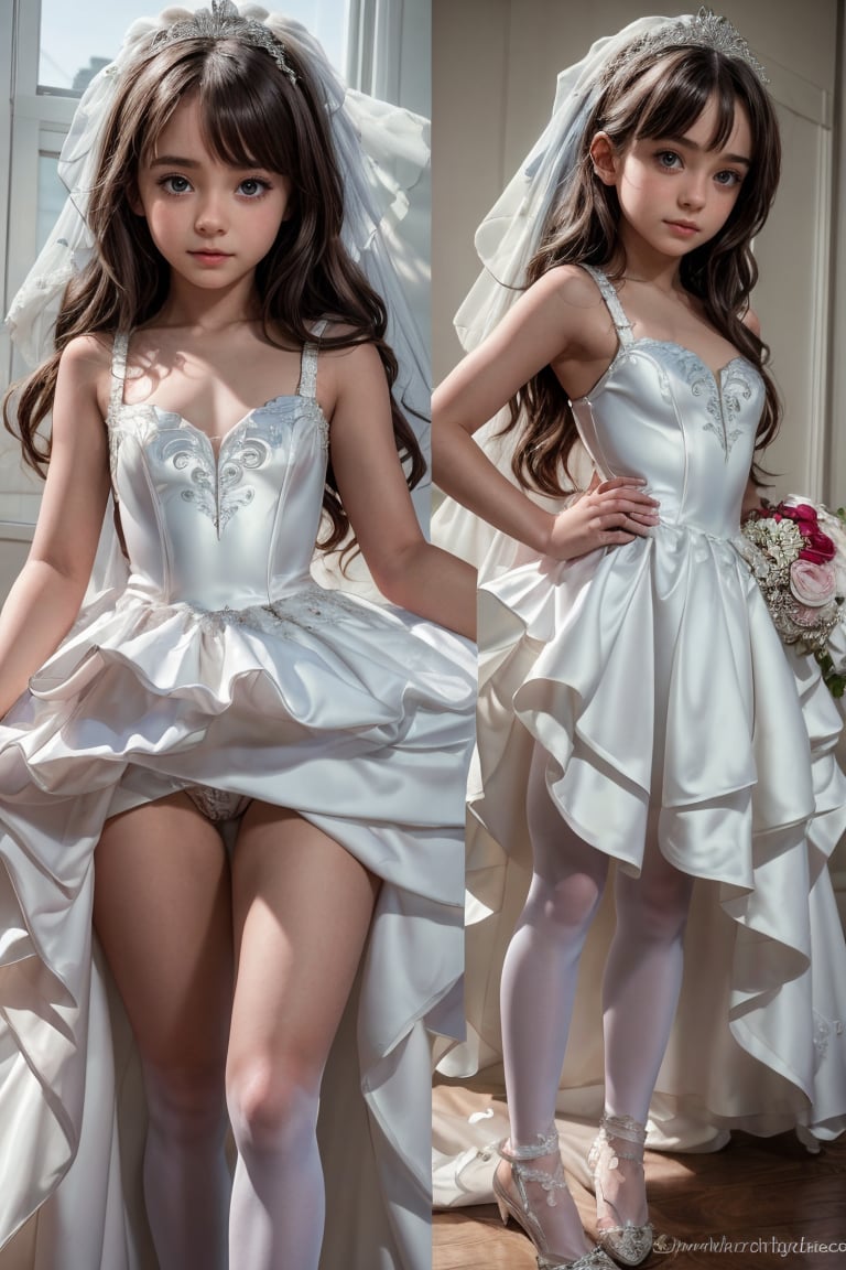 Full body view, a character sheet with 2 views (front & back), Multiple views of a 10-year-old little tween girl with a hot body, wearing a sexy Wedding dress costume in the style of skimpy, beautiful face, 8K. HDR, Masterpiece, Hyperrealistic., ballerina, wedding dress