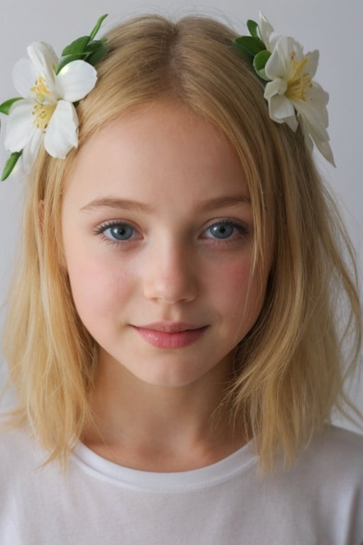 realistic, 5yo, woman,face, flowers in hair, t shirt, 1girl,blonde hair,cute,beautiful face,
