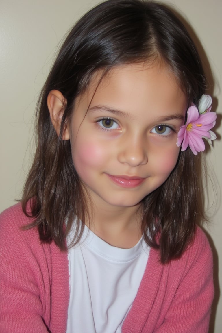 looking at viewer, long hair, umber eyes, simple background, shirt, 1littlegirl, hair between eyes, closed mouth, pink sweater, black hair, female focus, brown eyes, smile, 7year old,glasses,,, green eyes,, nature, small nose, big eyes, sweet smile, flowers in hair, as real as possible, flower in the ear