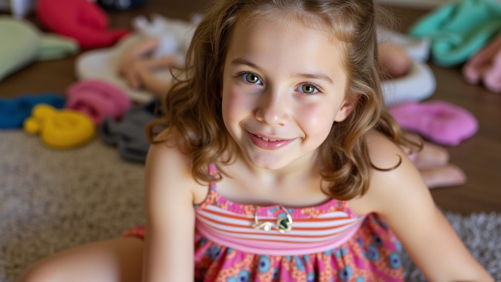 A quiet Afternoon at home. The 8-year-old tween Girl is surprised by Spontaneous Shot in her natural habitat. the camera captures a carefree moment. playfulness. surrounded by scattered plush toys and clothing scattered across the floor. She wears a very colourful and sexy dress and has natural eyes. Childlike charm.