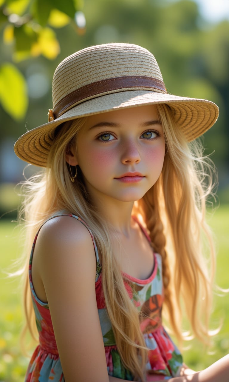 Portrait of a Pretty young girl (Half body), 11 years old, slim, cute face, tween, thin, long blond_hair, wearing cute little colorful dress, shy smile, closed eyes, chin up, head up, style hat, some freckles on the face, side view, from below, sunny day, at the park, deep background, Extremely Realistic, scenery