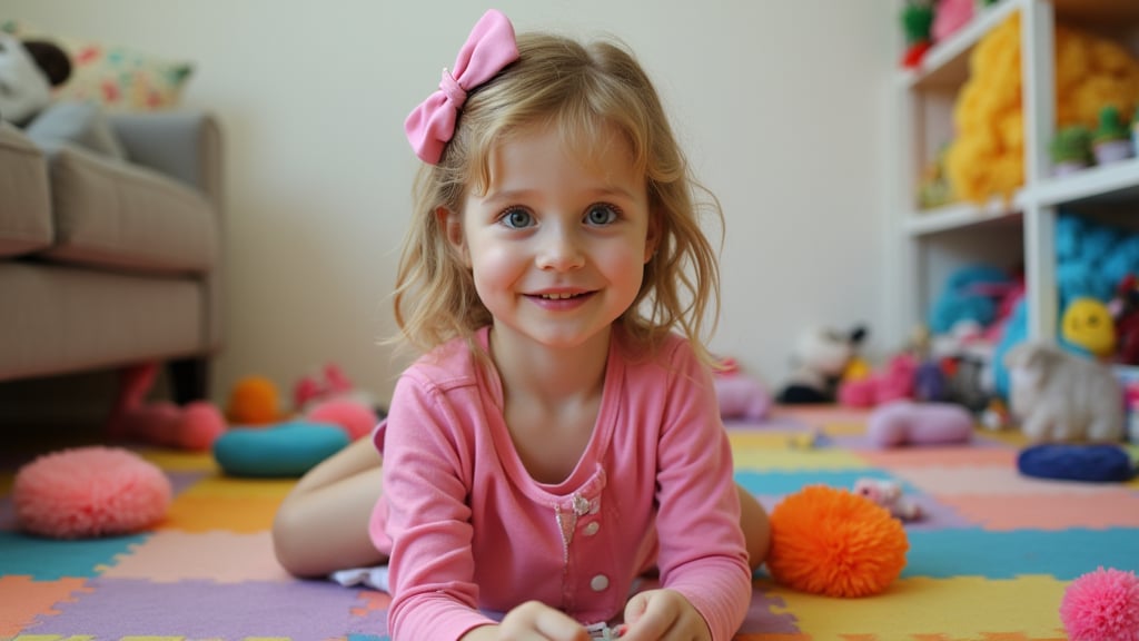 A quiet Afternoon at home. The 8-year-old tween Girl is surprised by Spontaneous Shot in her natural habitat. the camera captures a carefree moment. playfulness. surrounded by scattered plush toys and clothing scattered across the floor. She wears very colourful and sexy clothing and has natural eyes. Childlike charm.