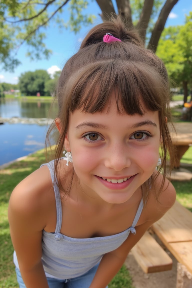 masterpiece, best quality, photorealistic, raw photo, cute tween child, beautiful young tween girl, Preteen girls, realistic face, high-resolution, realistic style,8k, detailed face, perfect face, Smiling widely, colour contact lenses, perfect skin, looking at the viewer, bending down, bent over a picnic table, earrings, hair ribbon, hair ornament, A mix of Brown and Blonde hair with a ponytail, Blunt bangs, bright colourful outdoor lake, from front, little_cute_girl, 7yo, tween,