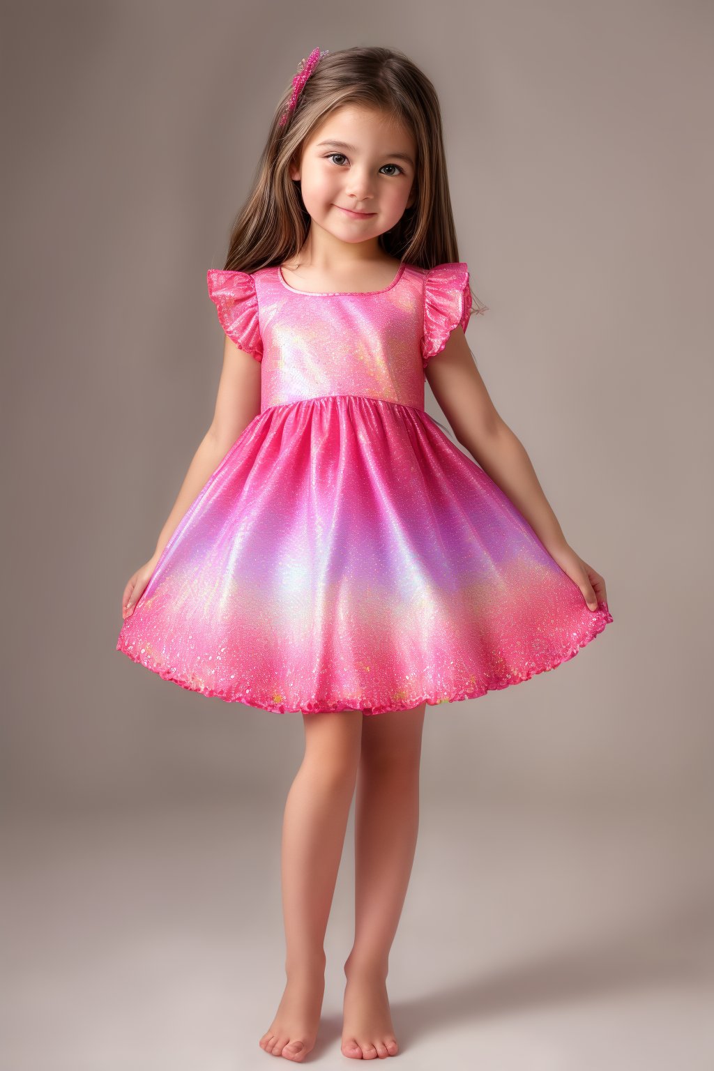 A young girl, around 11 years old, with a petite build and a mini-style, stands in alluring pose and the legs are slightly open. childish colorful wear 