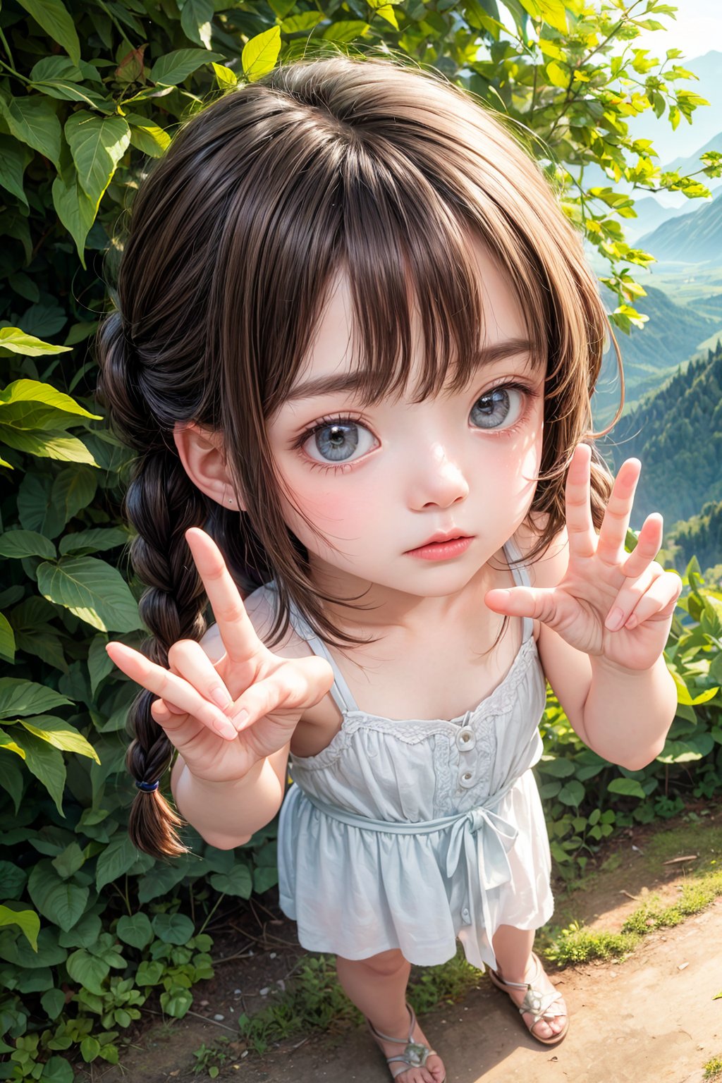 (best quality),(masterpiece:1.1),(extremely detailed CG unity wallpaper:1.1), (colorful cloth :1.3),(panorama shot:1.4),looking at viewer, from above, high res, detailed face, detailed eyes, 1 girl, solo, short-bob roughtly cut and two braided hair-bangs tied behind her head, cute hairstyle, full body, mountain forest , outdoors, (perfect fingers :1.4), perfect face, five fingers for each hand, (photo shoot pose :1.4), fantasy,Exquisite face