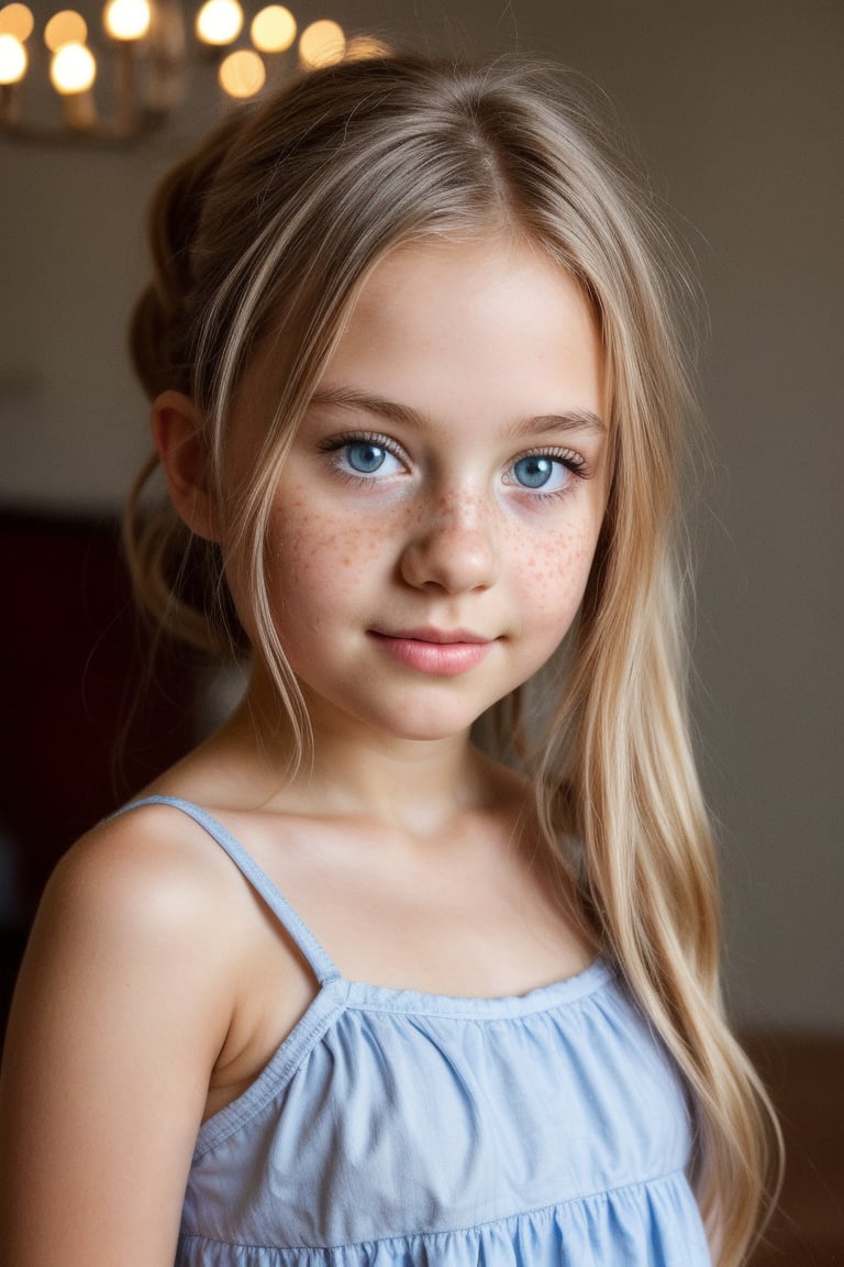 masterpiece portrait, Hyperrealistic, stunning beauty, high detail, cinematic photo Medium format photography, Anime tween girl digital artwork, A tween girl in her 15s, looking at the camera, she has freckles, blue eyes, she has Lush blonde hair,, wearing a mini dress, ponytail,  highly detailed, best quality, 8k uhd, Nikon 70d, ISO200, F/2.8, 1/25sec, 70mm . 35mm photograph, film, bokeh, professional, 4k, highly detailed