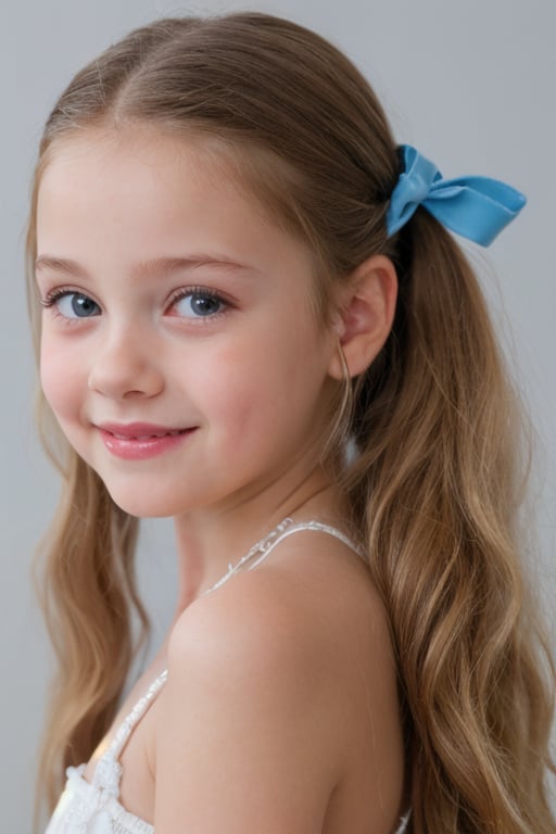 (8k, masterpiece, best quality, high res), little girl, long hair, ((hair pulled back hairstyles)), pale blue eyes, , brown hair with blue steaks,  smile,(closed mouth:1.2) , delicate eyes, delicate face, hair accessories,focus, portrait, 7-year-old-tween