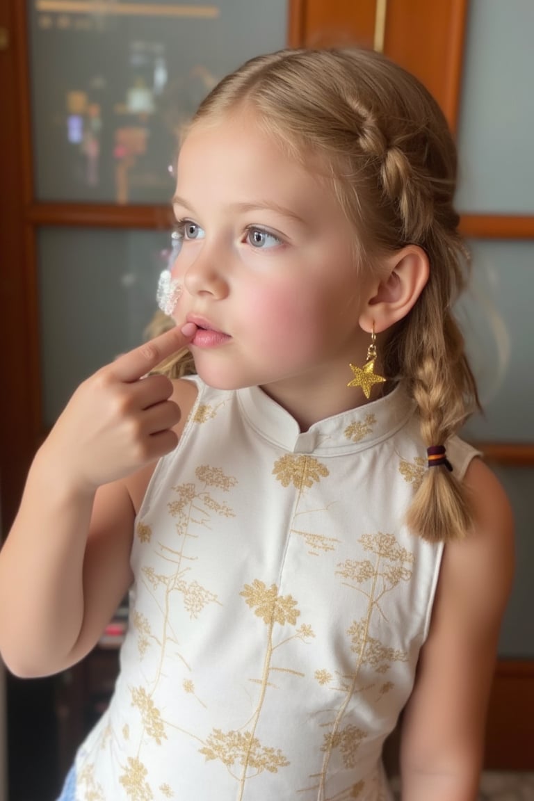 Envision a cute little girl, with blonde hair, blue eyes, ((kiss pose)), wearing 2 golden star earrings, white clothes, cheongsam with golden thread embroidery, steel chestpad, holding a face mask with the right hand, symmetrical, looking up, ((adorable expression)), full body, hair strand, Fair skin, glistening, 2 side braids, best quality, masterpiece, sharp focus, super detailed, 8k, high angle photo, close up, high contrast, (((tween, preteen, 7-year-old, 4k))), AIDA_LoRA_AnC, ((looking up her clothes)),