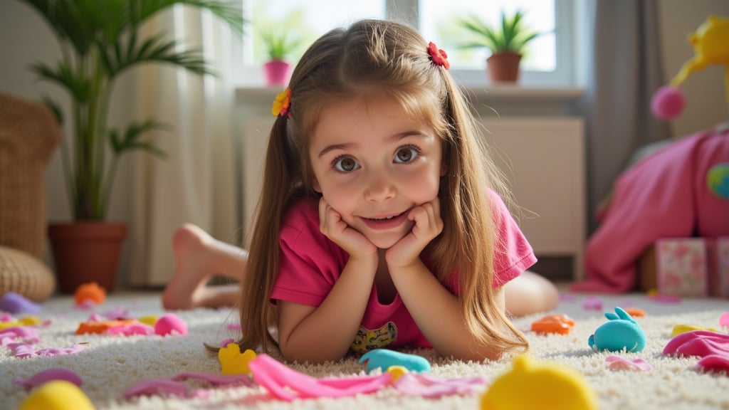 A quiet Afternoon at home. The 8-year-old tween Girl is surprised by Spontaneous Shot in her natural habitat. the camera captures a carefree moment. playfulness. surrounded by scattered plush toys and clothing scattered across the floor. She wears very colourful and sexy clothing and has natural eyes. Childlike charm.