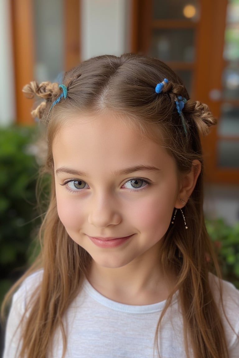 (8k, masterpiece, best quality, high res), little girl, long hair, ((hair pulled back hairstyles)), pale blue eyes, , brown hair with blue steaks, smile,(closed mouth:1.2) , delicate eyes, delicate face, hair accessories,focus, portrait, 7-year-old-tween