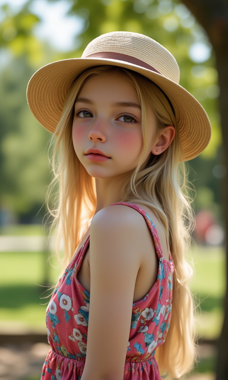 Portrait of a Pretty young girl (Half body), 11 years old, slim, cute face, tween, thin, long blond_hair, wearing cute little colorful dress, shy smile, closed eyes, chin up, head up, style hat, some freckles on the face, side view, from below, sunny day, at the park, deep background, Extremely Realistic, scenery