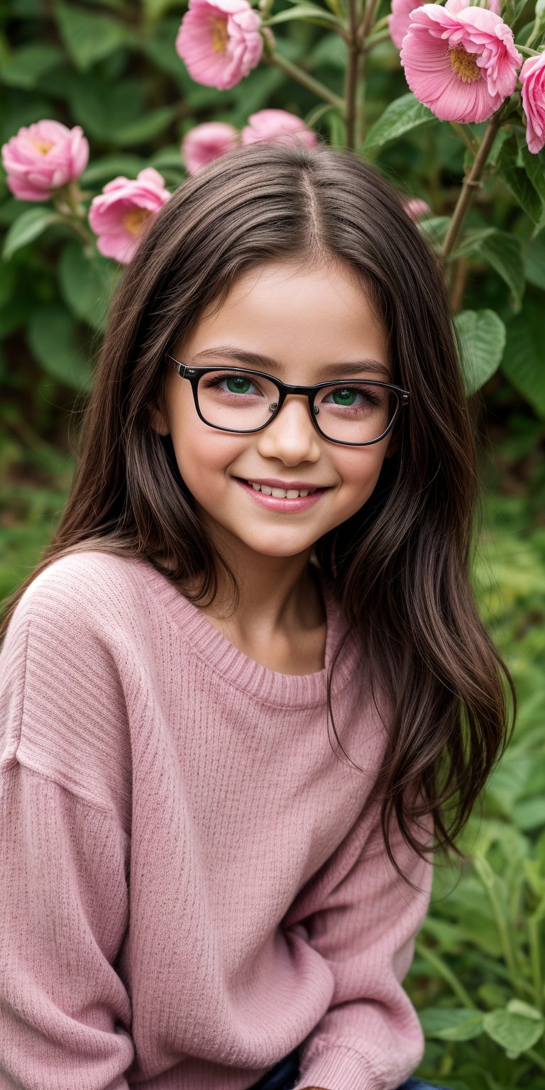 looking at viewer, long hair, umber eyes, simple background, shirt, 1littlegirl, hair between eyes, closed mouth, pink sweater, black hair, female focus, brown eyes, smile, 7year old,glasses,,, green eyes,, nature, small nose, big eyes, sweet smile, flowers in hair, as real as possible, flower in the ear

